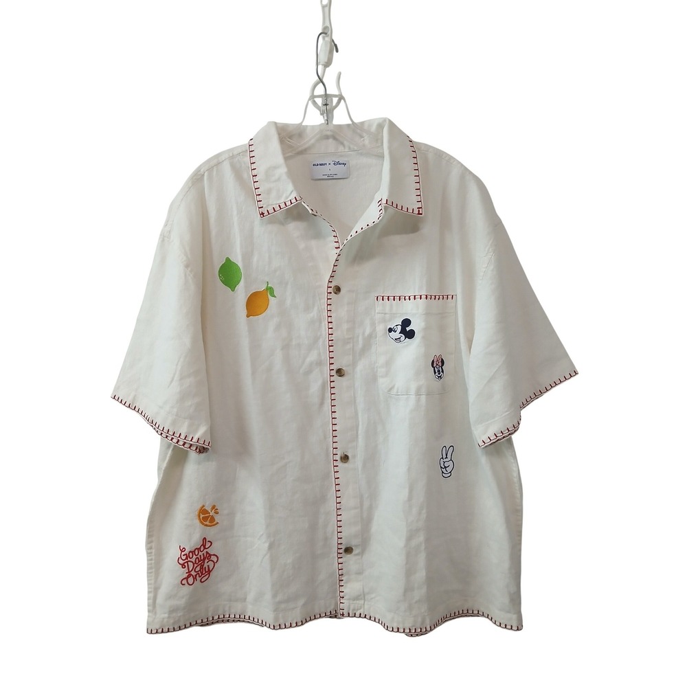Old Navy + Disney Mickey Mouse Linen Blend Whipstitch Camp Shirt Sea Salt Lg Men